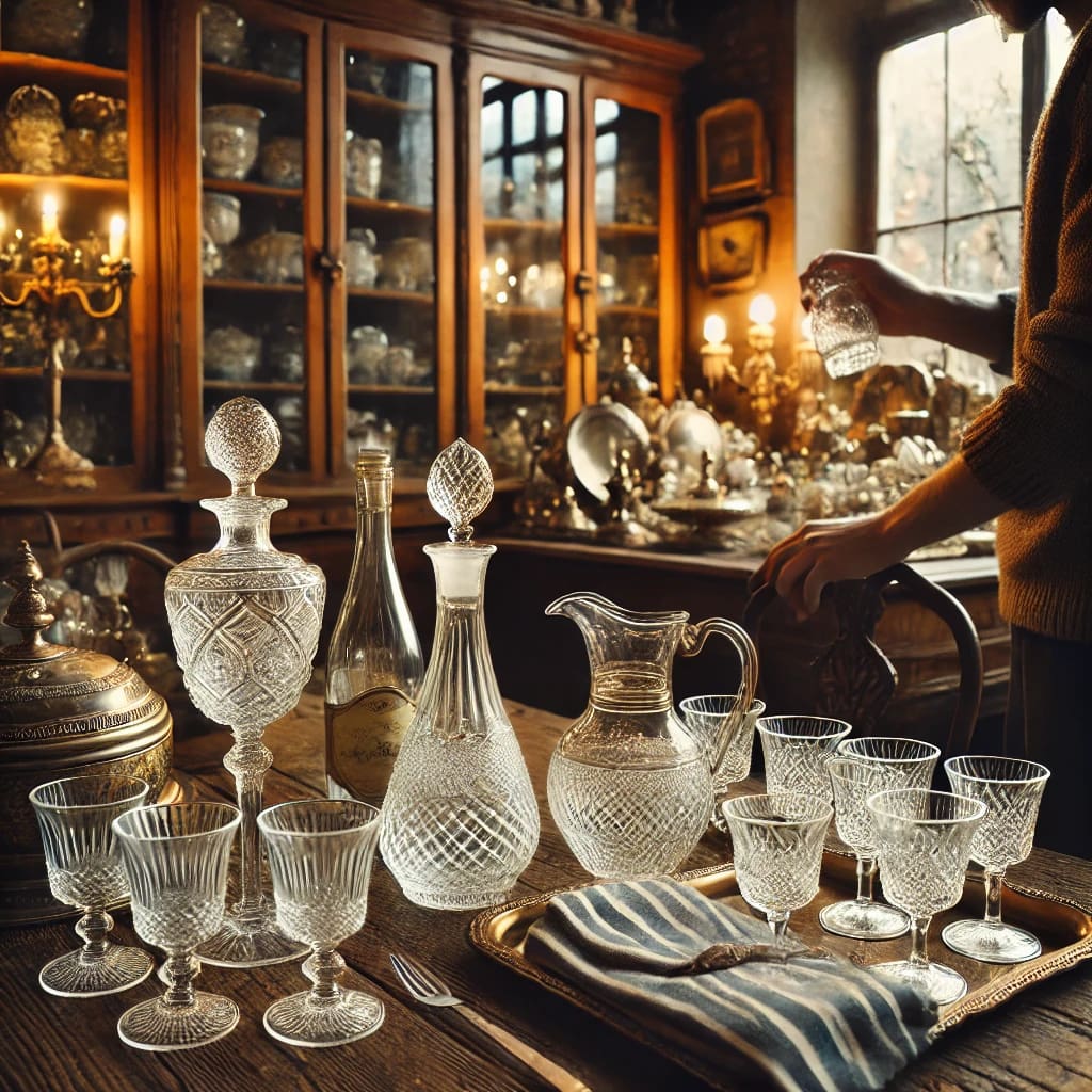 kieliszki i karafki vintage, galanteria stołowa retro