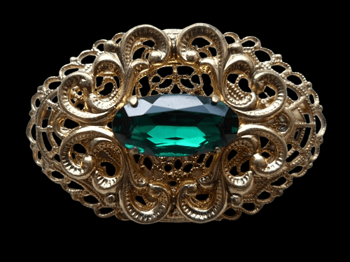 DUŻA POZŁACANA BROSZKA Z ZIELONYM OCZKIEM broszka pozłacana, retro, styl retro, moda retro, moda damska, vintage, styl vintage, PRL,